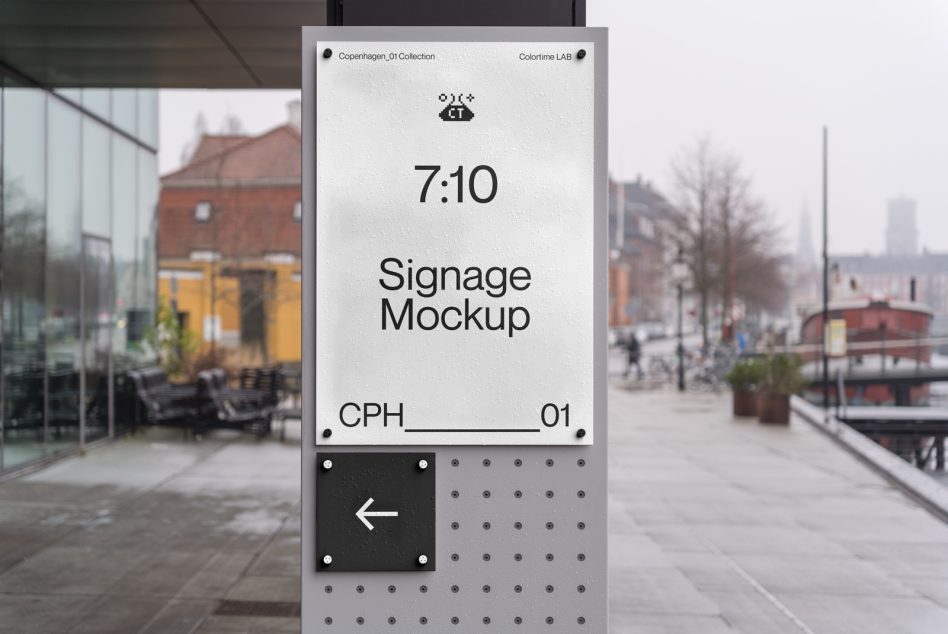 Vertical 7:10 signage mockup with cream panel on street level with city backdrop